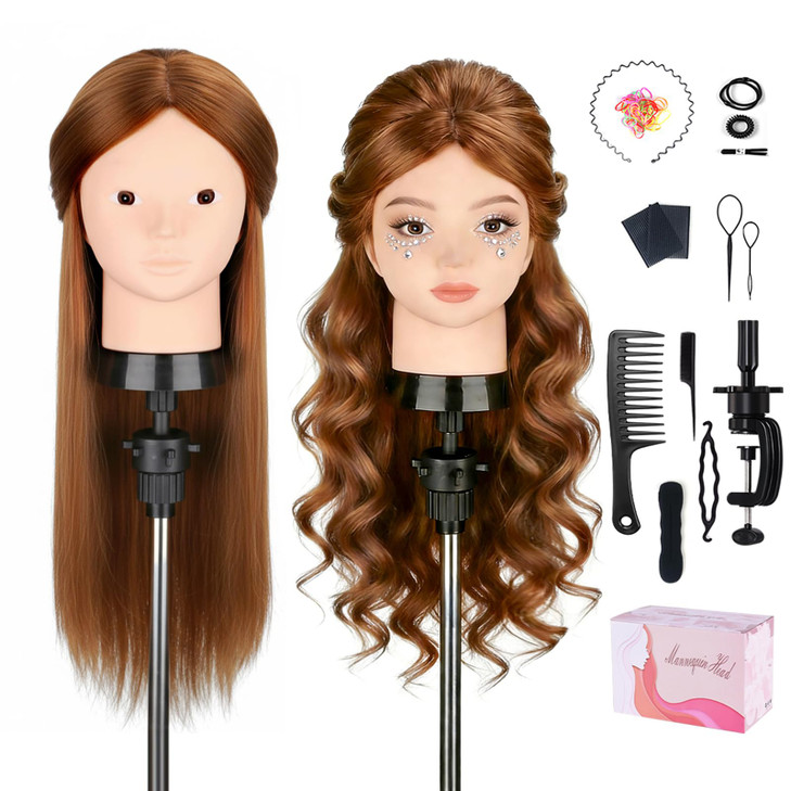 Mannequin Head with 80% Human Hair, TopDirect 24" Brown Real Hair Cosmetology Mannequin Head Hair Styling Hairdressing