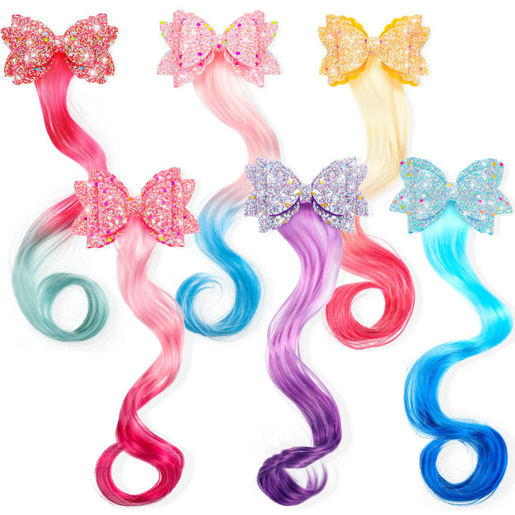6pcs Unicorn Hair Clips Bows for Girls, Rainbow Braided Curly Wig Extensions for Kids, Princess Costume Dress up Ponytailshair Accessories with Glitt
