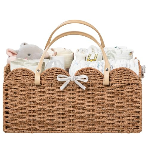 HBlife Large Baby Diaper Caddy, Paper Rope Storage Baskets Nursery Bin with Removable Divider, Portable Car Organizer