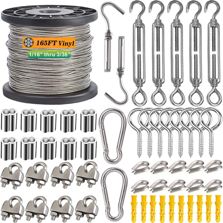 Roxanned 1/16" Wire Rope Kit, 165ft 304 Stainless Steel Cable 7x7 Strand Core, Vinyl Coated Aircraft Cable with