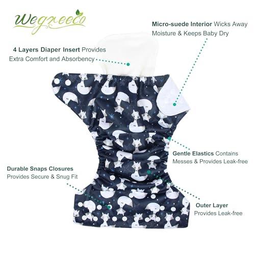 wegreeco Cloth Diapers 6 Pack with 6 Inserts & 1 Wet Bag, Washable Cloth Diapers for Babies, One Size Adjustable