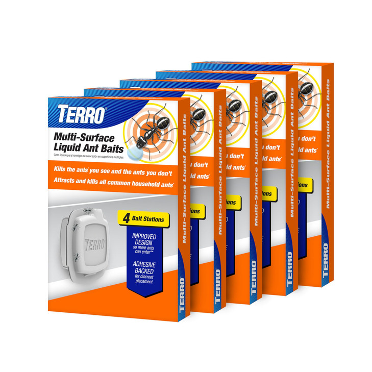 TERRO Indoor Liquid Ant Baits with Adhesive Strips for Discreet Baiting - TERRO Ant Trap and Bait Station - 5 Pack, 20