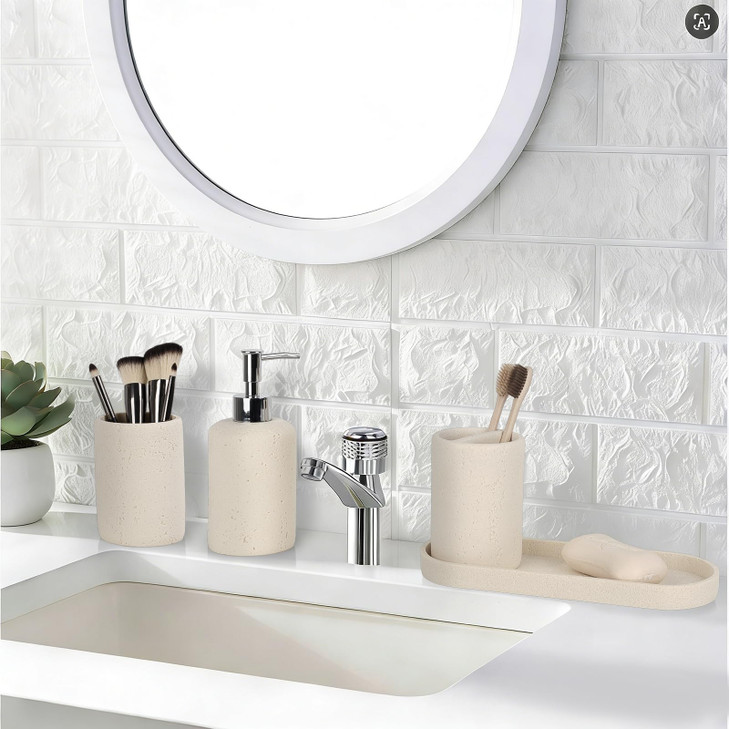 Bathroom Accessories Set,4 Piece Travertine Stone Look Bathroom Accessory Set with Soap Dispenser,Toothbrush