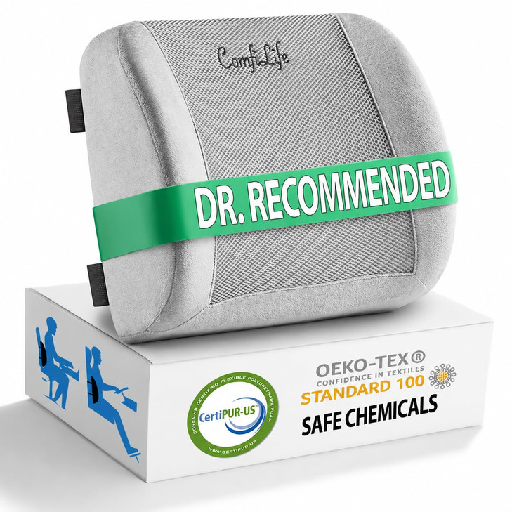 ComfiLife Lumbar Support Back Pillow Office Chair and Car Seat Cushion - Memory Foam with Adjustable Strap and