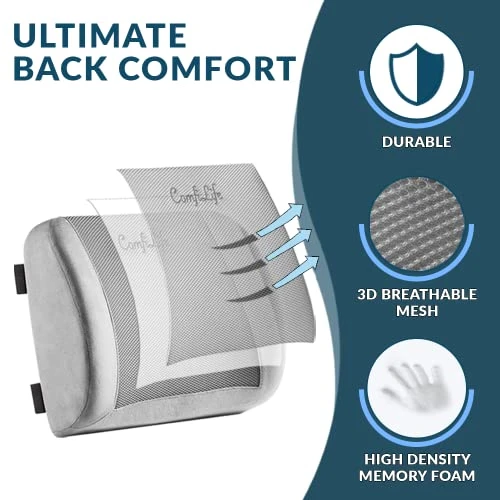 ComfiLife Lumbar Support Back Pillow Office Chair and Car Seat Cushion - Memory Foam with Adjustable Strap and