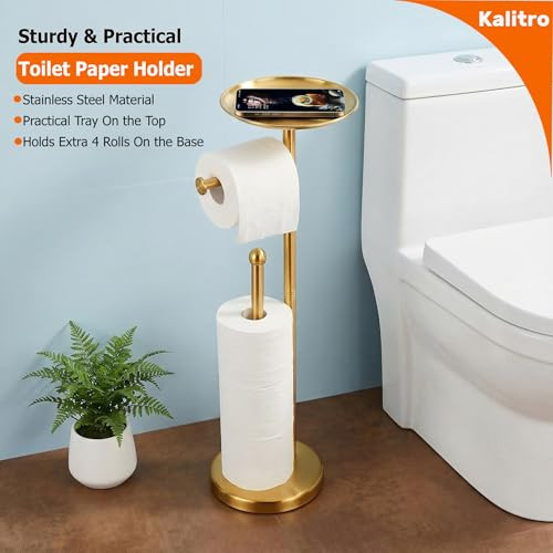 Kalitro Toilet Paper Holder Freestanding with Big Shelf, 4 Rolls Reserve Paper Holder Stand, Modern Paper Roll Holder
