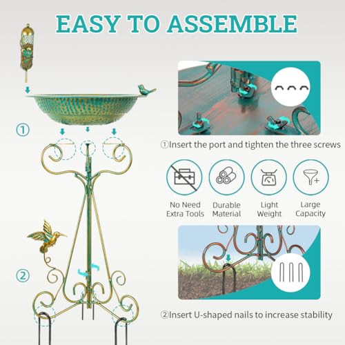 dreamysoul Bird Bath 13" Dia Bowl, Metal Birdbath with Mesh Feeder, Pedestal Bird Baths for Outside Outdoors Garden