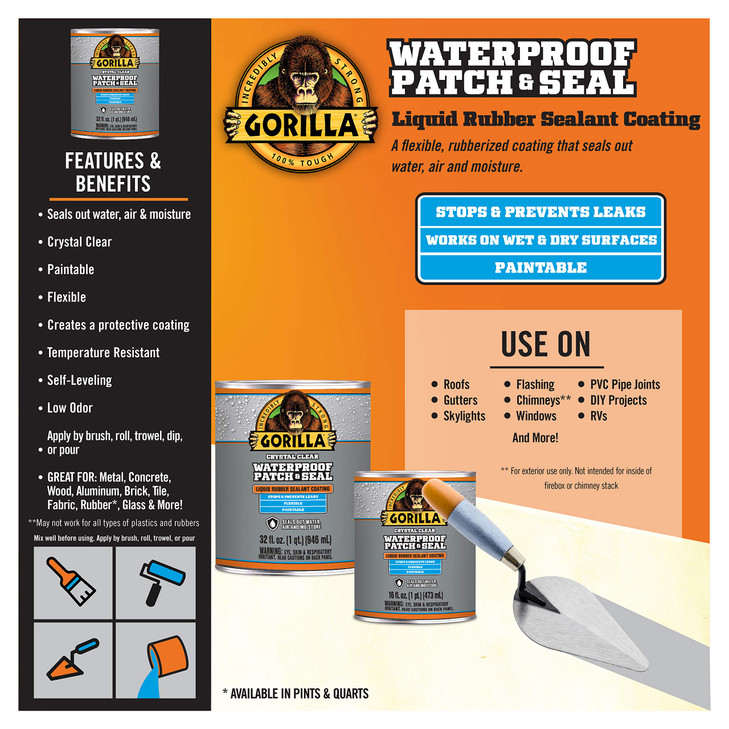 Gorilla Patch & Seal Liquid Rubber Waterproof Sealant, Crystal Clear, 32 Ounce (Pack of 1) - Seals Out Water, Air, and