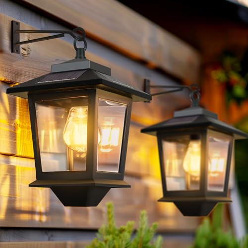 PASAMIC 2 Pack Solar Wall Lanterns,Outdoor Hanging Lights with 4 Solar Panels,Dusk to Dawn Led Outdoor Wall Sconce,