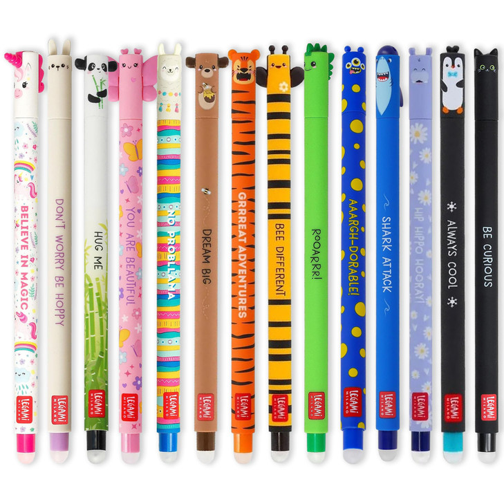 LEGAMI - Set of 14 Erasable Gel Pens with Thermosensitive Erase Ink, Range of ink colours & barrel designs, 0.7mm Tip,