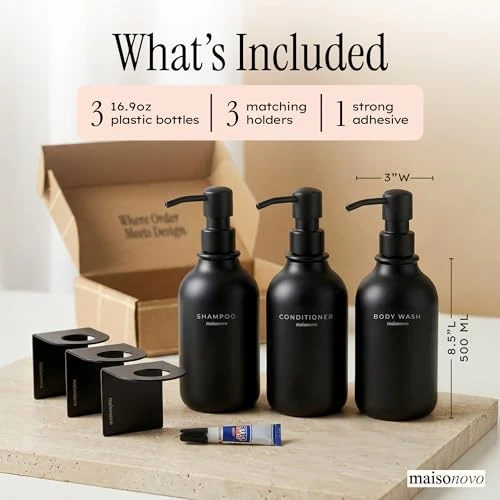 MaisoNovo Shampoo and Conditioner Dispenser|Refillable Black Set of 3