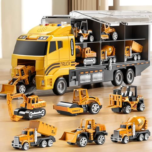 NIPLOOOW Toddler Boys Construction Truck Vehicle Toy Set with Play Mat and Die-Cast Toy Car, Transport Carrier Truck