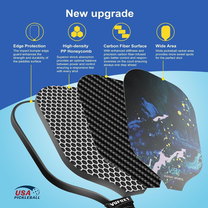 Pickleball Paddles Set of 2, USAPA Approved 99.99% Carbon Fiber Surface Pickleball Sets PP Honeycomb Core Pickleball