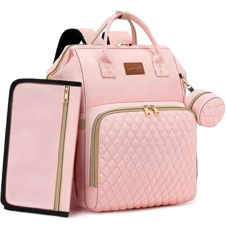 ROSEGIN Pink Diaper Bag Backpack for Baby Girls - Baby Shower Gifts for Mom, Quilted Diaper Bag with Changing Pad,