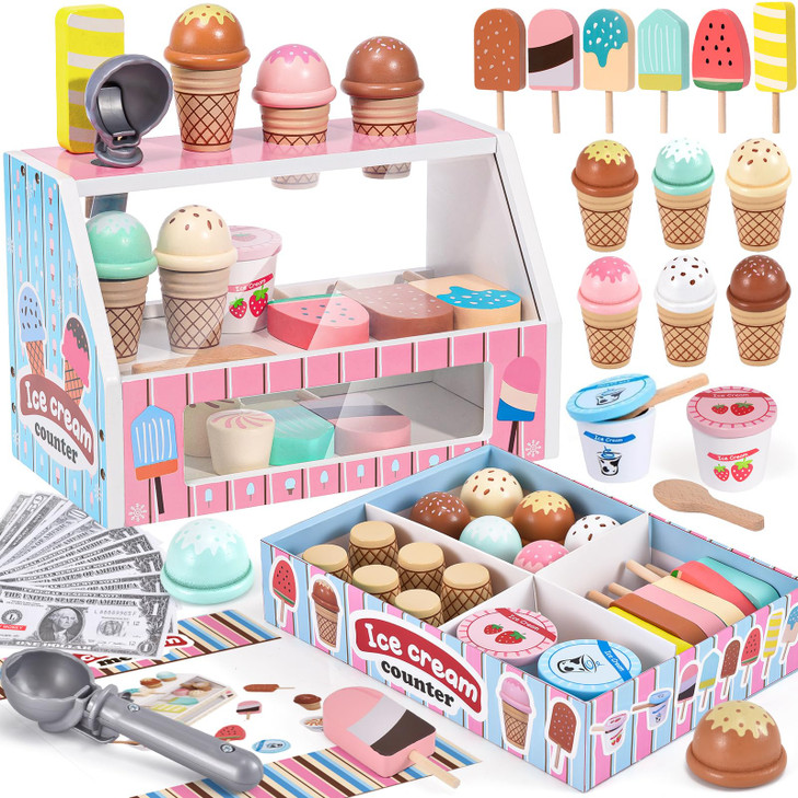 Wooden Ice Cream Toys Kids Kitchen Play Store for Toddlers Girls, Play Kitchen Accessories with Scoop & Menu & Fake