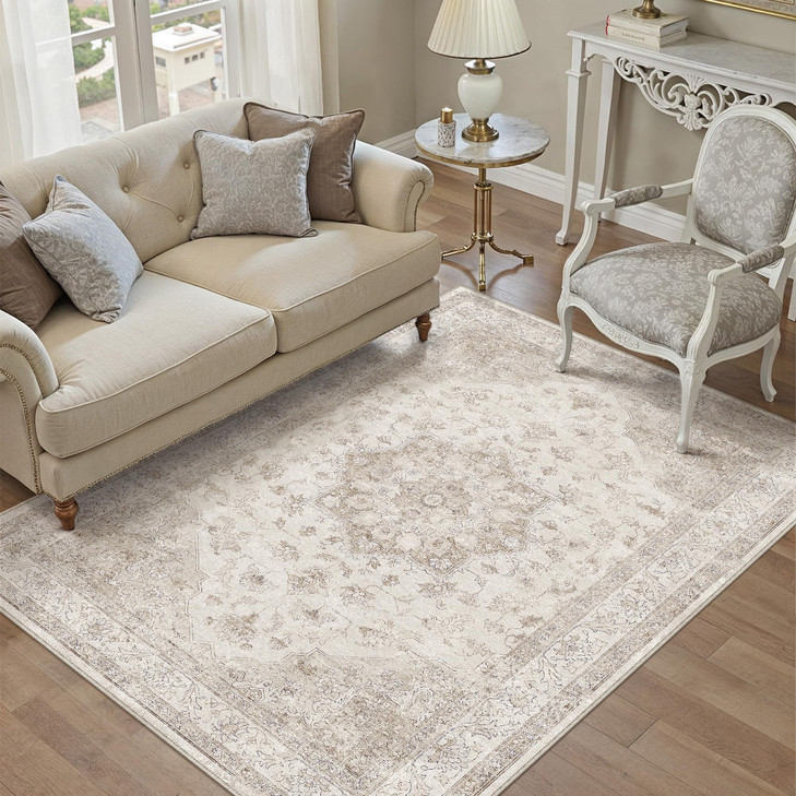 PureCozy Beige 4x5 Washable Area Rug Vintage Oriental Medallion Carpet