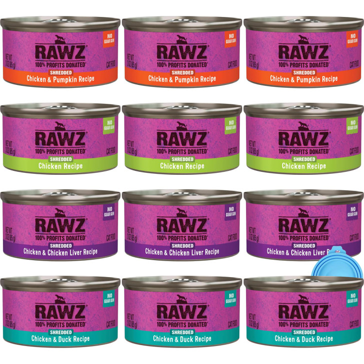 Rawz Natural Premium Canned Cat Wet Food Shredded -12 Pack Chicken Variety - 4 Flavors - (Chicken & Duck, Chicken &