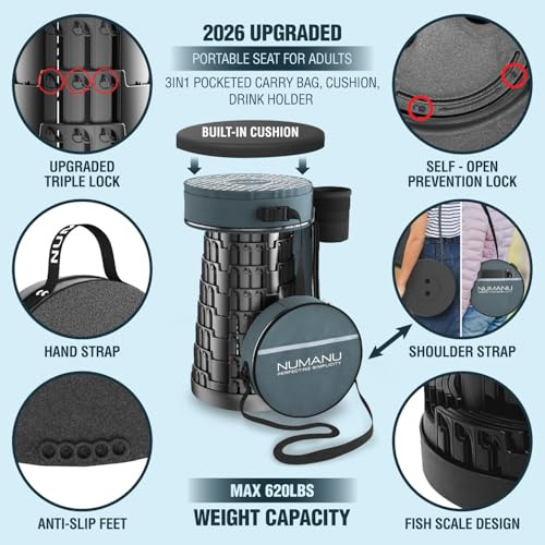 NUMANU Collapsible Stool for Adults, 3-in-1 Cushion + Bag, 620 lbs, Round