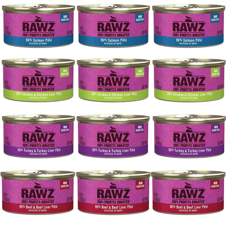 Rawz Natural Premium Pate Canned Cat Wet Food -12 Pack Cans Variety Pack -4 Flavors - (Salmon, Chicken, Turkey, Beef)