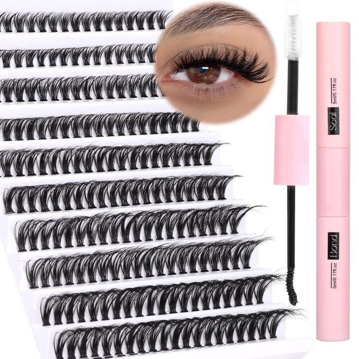 DIY Lash Extension Kit 200pcs Lash Clusters Eyelash Extensions Kit 8-16MM Wispy Lashes Cluster Kit D-Curly Individual Lashes with Bond and Seal by Ru