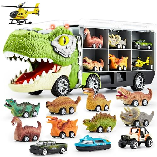 JOYIN 13 in 1 Dinosaur Toys for Kids 3-5, Transport Dinosaur Carrier Truck with 12 Pull Back Cars, Kids Toys 3-4