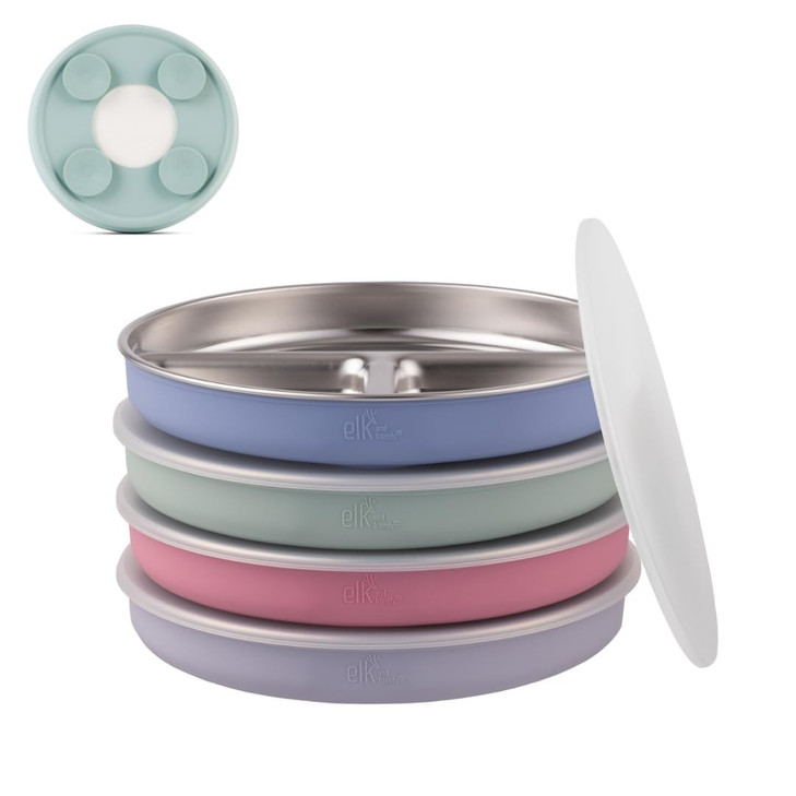 Elk and Friends Kids Stainless Steel Divided Plates with Silicone Suction Sleeves | Lids Included | Suitable for