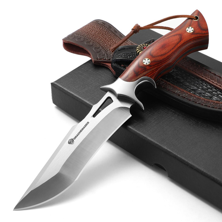 DRACHENADER 10.24" M390 Knives Hunting Knife Fixed Blade with Leather Sheath, Bushcraft Full Tang Knife Non-slip Red