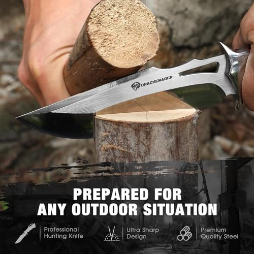 DRACHENADER 10.24" M390 Knives Hunting Knife Fixed Blade with Leather Sheath, Bushcraft Full Tang Knife Non-slip Red