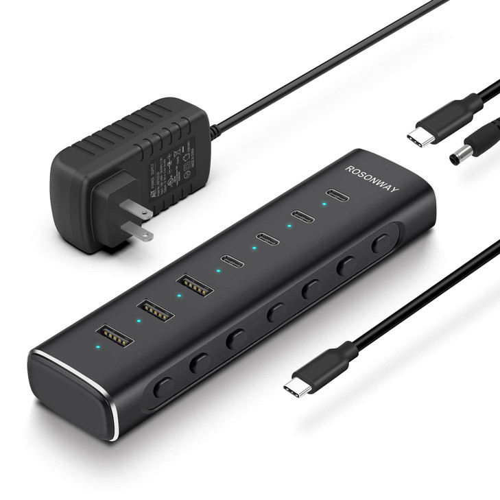 Rosonway 7 Ports Powered USB 3.2/USB C Hub 10Gbps with 4 USB-C 3.2, 3 USB-A 3.2 Ports, 3.3ft Cable and 36W(12V/3A)