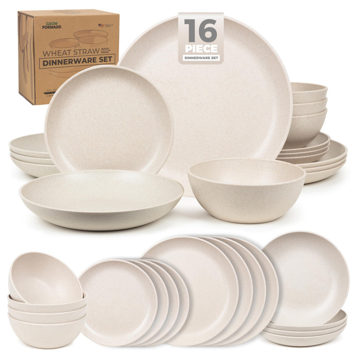 Grow Forward 16-piece Premium Wheat Straw Dinnerware Sets for 4 - Unbreakable Dishwasher & Microwave Safe Plastic