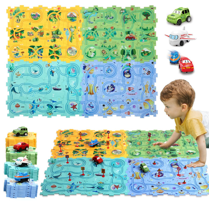 100PCS Puzzle Racer Kids Car Track Set Puzzle Racer Car Track Set with Roadmap Puzzle Track Car Play Set Toy for Kids