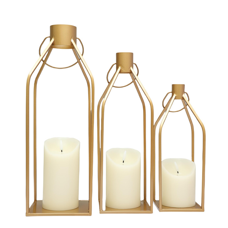 Gold Metal Candle Lanterns Set of 3, Tall Decorative Pillar Candle Holders for Indoor Outdoor Farmhouse Home Decor for