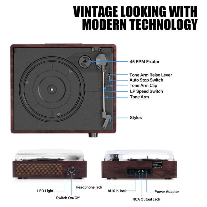 Vinyl Record Player Turntable with Built-in Bluetooth Receiver & 2 Stereo Speakers, 3 Speed 3 Size Portable Retro