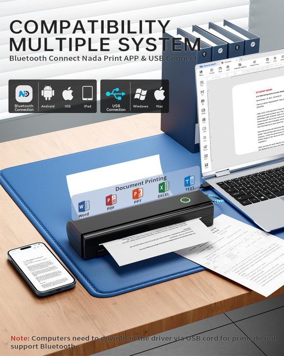 NDYIN Portable Printers Wireless for Travel, N80 Bluetooth Thermal Printer