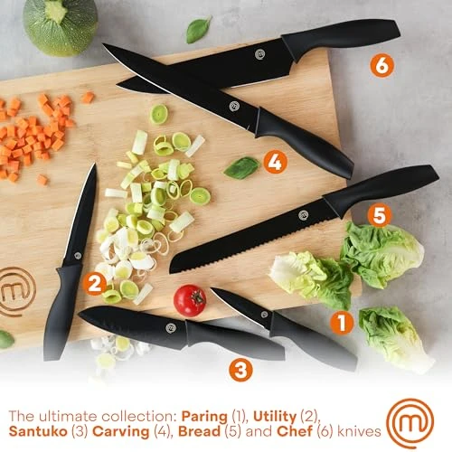 MasterChef Knife Set with Block, 7pc Kitchen Knives Set with Holder, Black