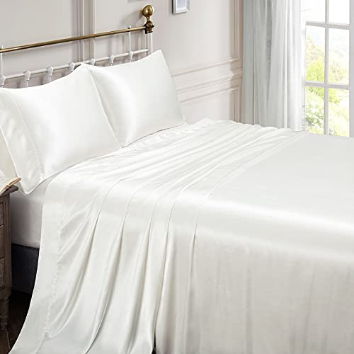 Vonty Satin Sheets King Size Silky Soft Satin Bed Sheets Ivory White Sheet Set, 1 Deep Pocket Fitted Sheet + 1 Flat