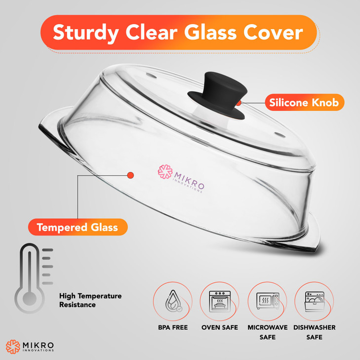 Tall Glass Microwave splatter cover | Sturdy clear 100% food safe BPA free glass lid with easy grip silicone handle |