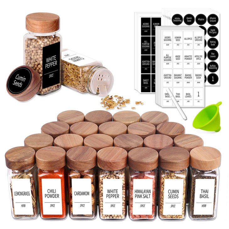 Churboro 24 Pack 4oz Glass Spice Jars with 547 Labels, Acacia Wood Lids