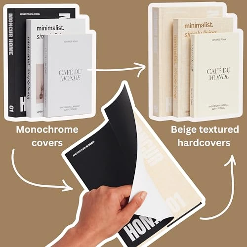 Decorative Coffee Table Books Set of 3  Neutral Home DAcor Beige Hardcovers with Removable Black & White Covers, Real