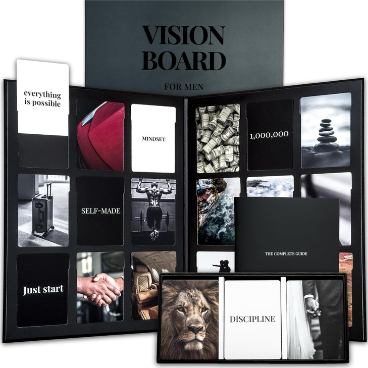 Vision Board Kit for Men - 168 Cards with Diverse Pictures & Quotes, Black Foldable Board & Complete Guide Book |