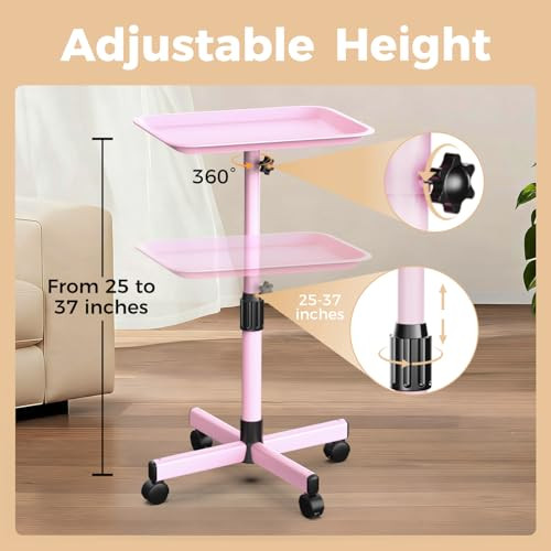VERYTOP 36" Salon Tray on Wheels Pink, Adjustable Height Tattoo Tray Cart