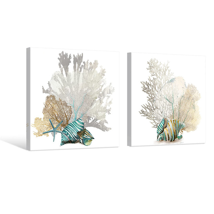JAPO ART White Coral Wall Art Beach Bathroom Decor Sea Shell Pictures Coastal Wall Decor Sea Fan Nautical Painting