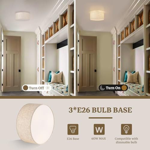 Vexagyle 13inch Semi Flush Mount Ceiling Light Fixture,3-Light Ceiling Mount Drum Light Fixture with Linen