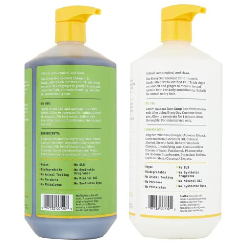 Alaffia EveryDay Coconut Shampoo and Conditioner - Normal to Dry Hair Cleansing with Ginger and Coconut Oil, Fair