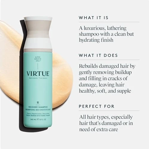 VIRTUE Recovery Shampoo for Damaged Hair, Sulfate-free, Color-safe, 8 Fl Oz