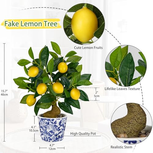 Artificial Potted Plants, 15.7 inches Small Fake Lemon Tree Artificial Lemons Citrus Tree with Blue and White Pot Faux