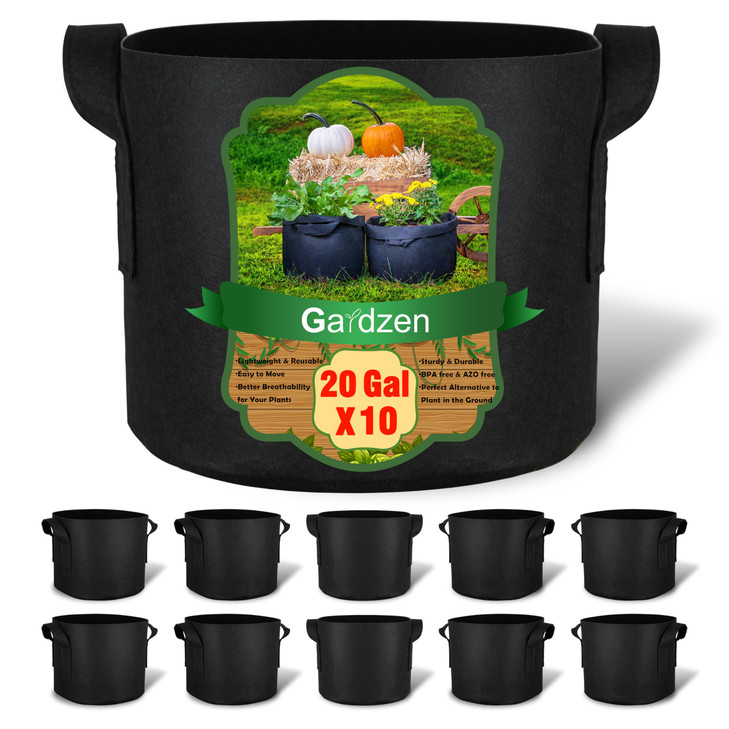 Gardzen 10-Pack 20 Gallon Grow Bags Fabric Pots with Heavy Duty Handles