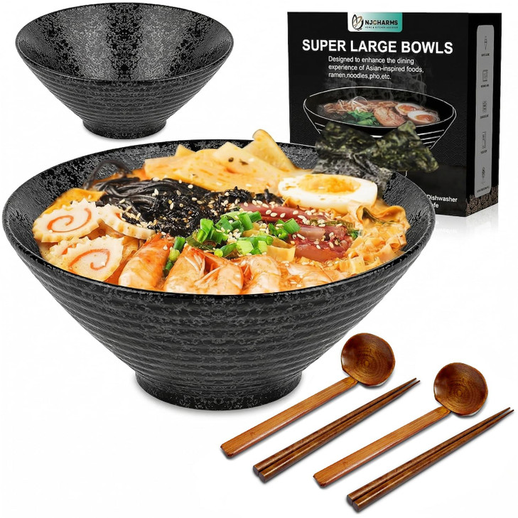NJCHARMS Ceramic Ramen Bowl Set of 2, 60 oz Japanese Noodle Soup Bowls with Spoons and Chopsticks for Ramen Soup Pho