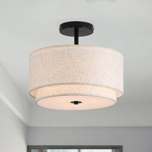 Vexagyle 12.6inch Flush Mount Ceiling Light Fixture,3-Light Modern Close to Ceiling Light with 2-Layer Linen Fabric