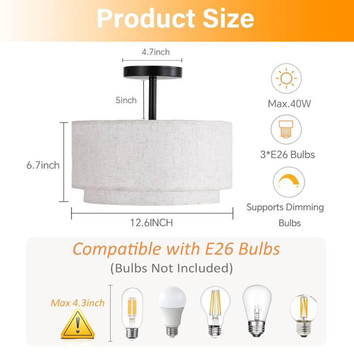 Vexagyle 12.6inch Flush Mount Ceiling Light Fixture,3-Light Modern Close to Ceiling Light with 2-Layer Linen Fabric